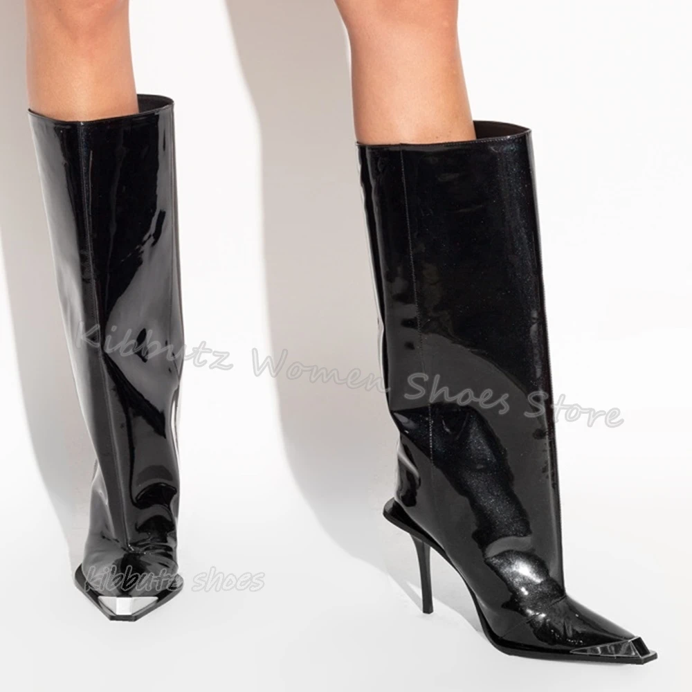 

Knee High Boots Metal Slip-On Elegant Concise Luxury Sexy Pointed Toe Thin Heels Women Shoes Newest Solid Color Genuine Leather