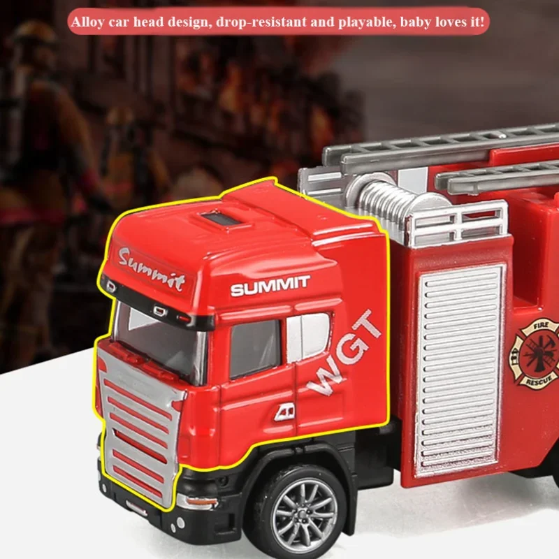 1/64 Alloy Pull Back Fire Sprinkler Truck Model Fire Ladder Vehicle Kids Toys Simulation Water Cannon Engineering Car Boy Gift