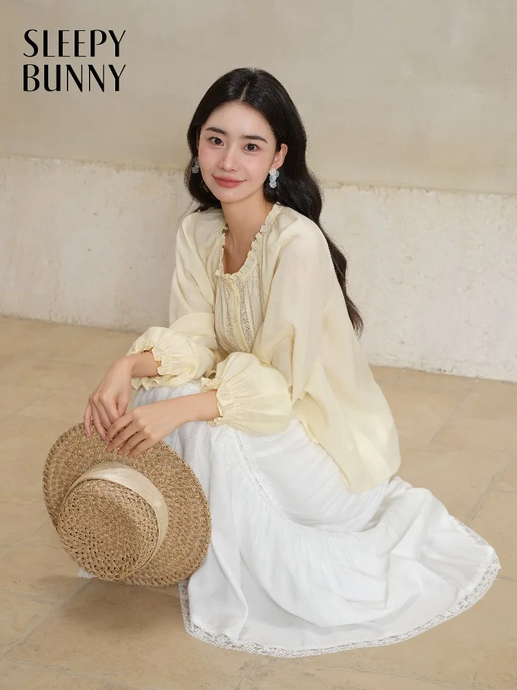 

Элегантная блузка с рюшами, женская легкая рубашка во французском стиле, милый летний топ с длинными рукавами для повседневного шика и офисного ношения