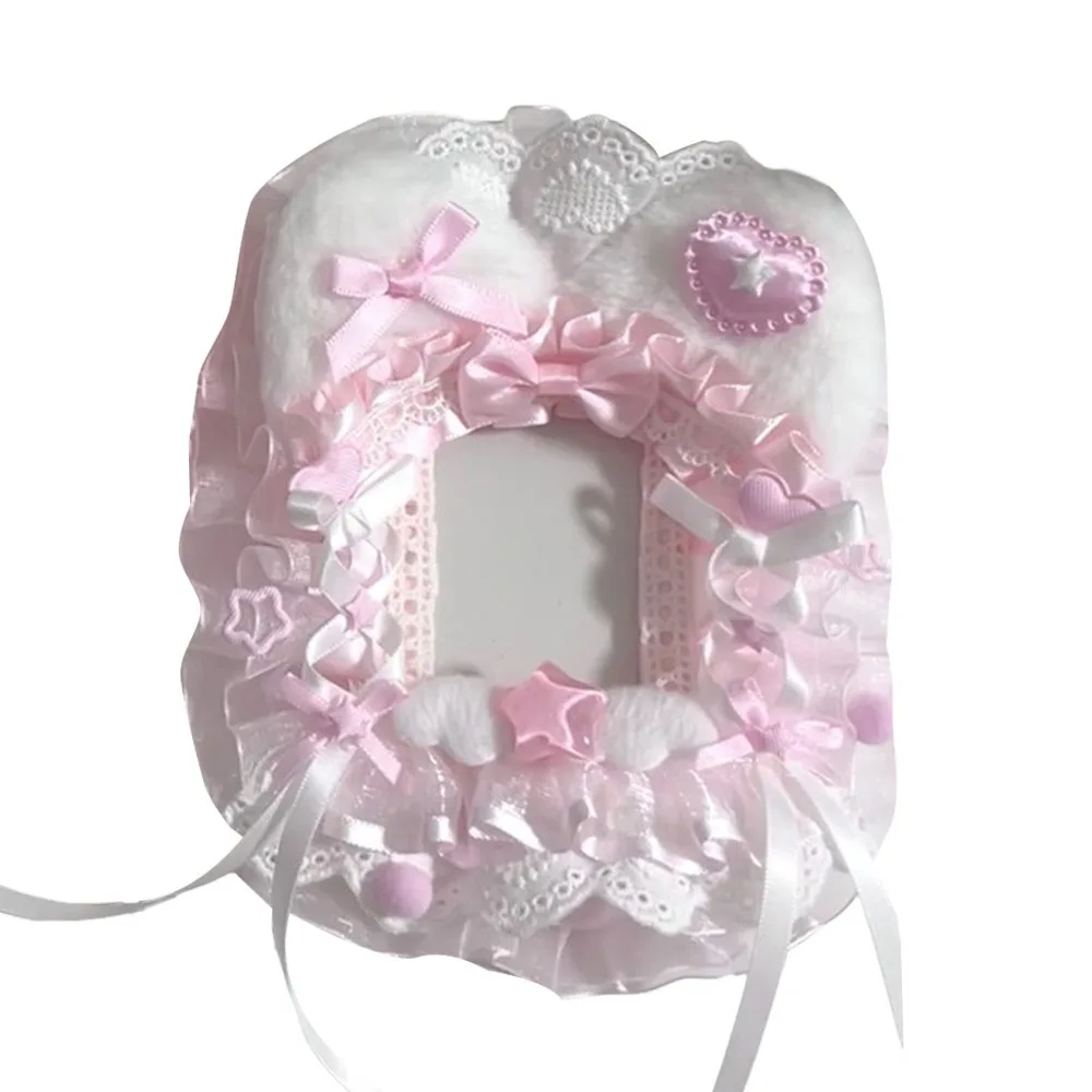 

Cute Pink Bow Card Holder Plush with Ribbon Photo Protector Case Anime Lace Photocard Holder