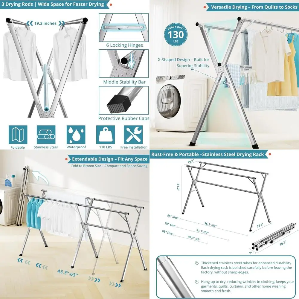 

Портативная сверхмощная сушилка для одежды из нержавеющей стали с 20 крючками для внутреннего и наружного использования