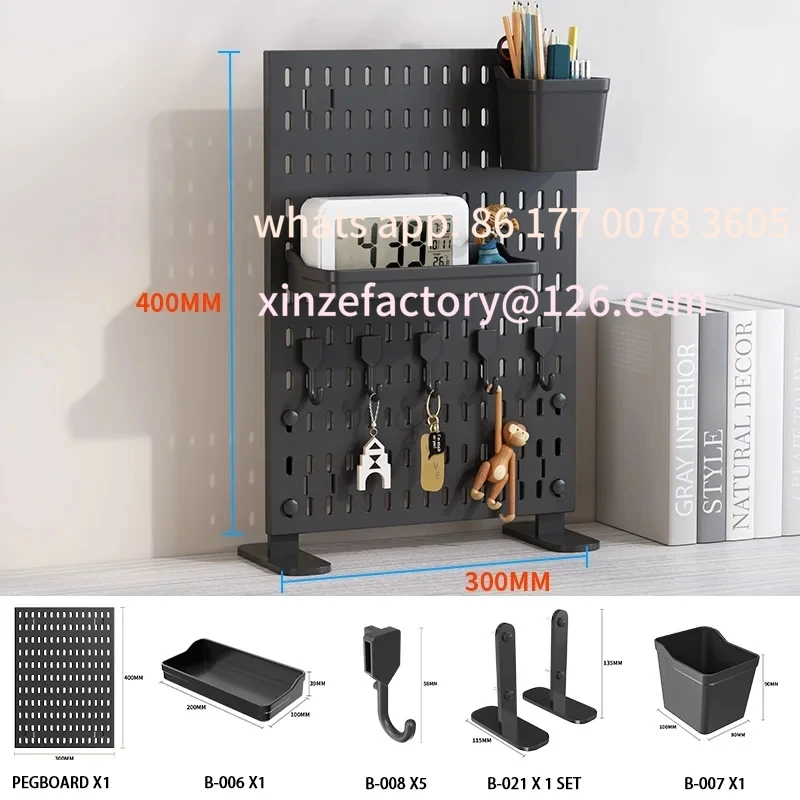 

Customizable Desktop storage pegboard. It can be placed upright or clipped on. This pegboard is suitable for storage shelves