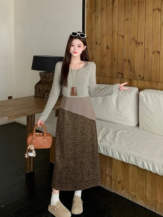 

Комплект: женская винтажная юбка больших размеров с завышенной талией, драпировкой и леопардовым принтом, осенняя новинка, корейский стиль, для повседневной носки