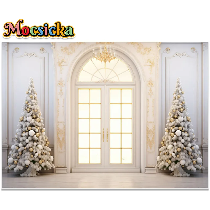 Christmas White Window Background For Photography Exquisite Wall Xmas Tree Gift Box Decor Kids Family Portrait Photo Backdrops