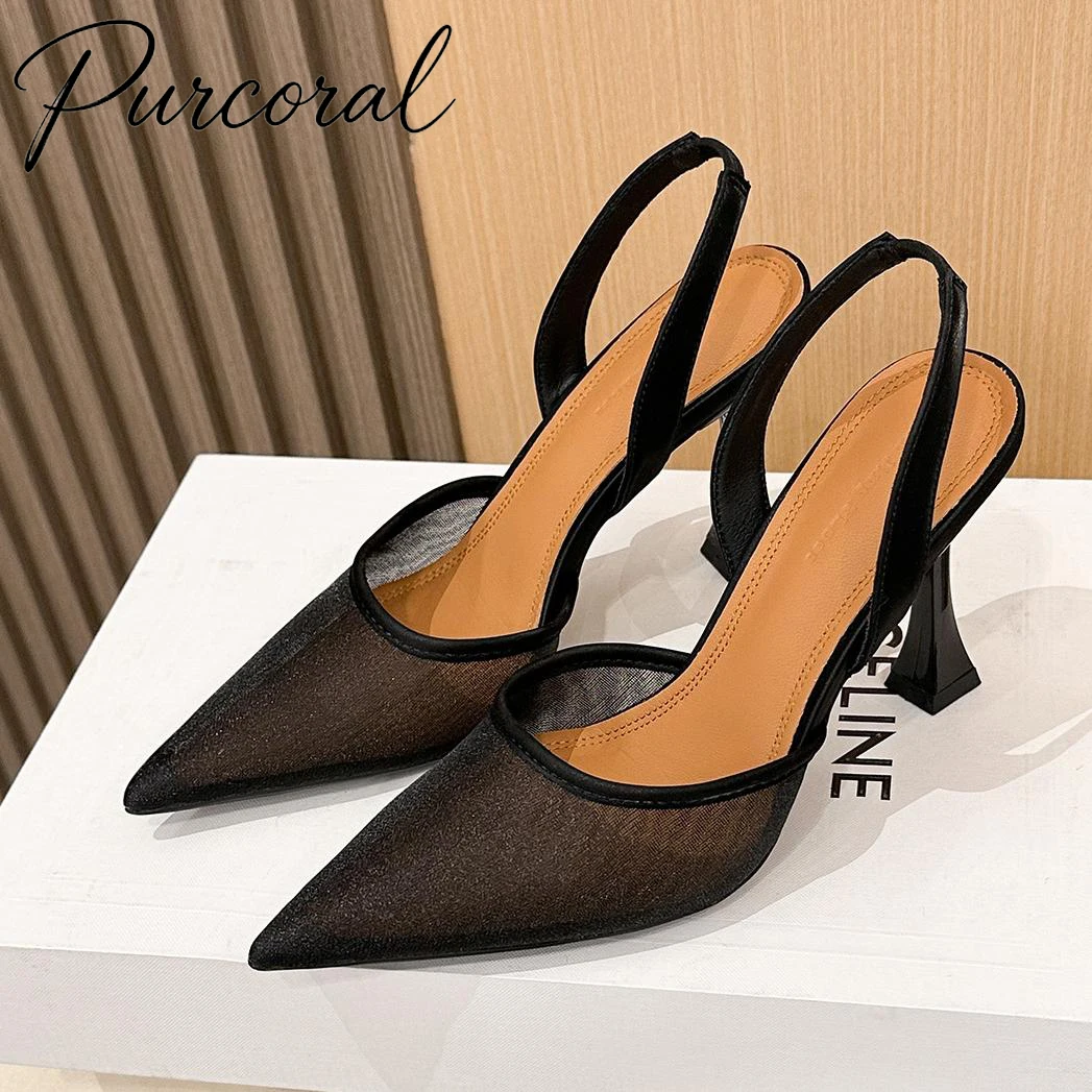 Purcoral 2026 Zapatos de Tacón con Punta en Pico y Tira Trasera de Malla para Mujer, Sandalias de Tacón de Bloque con Malla Brillante Negra, Regalo Gratis