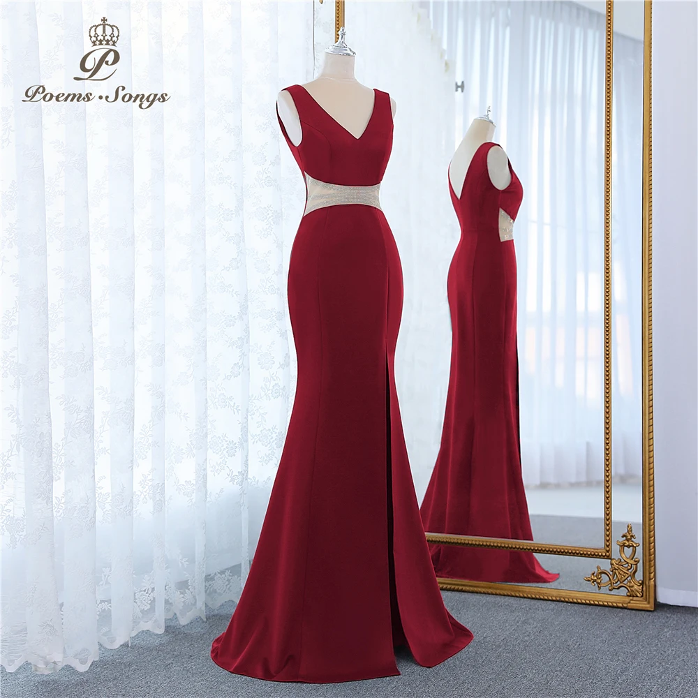 Sexy waist Burgundy evening dress vestidos formales vestidos de fiesta robe de soiree de mariage robe longue party dress