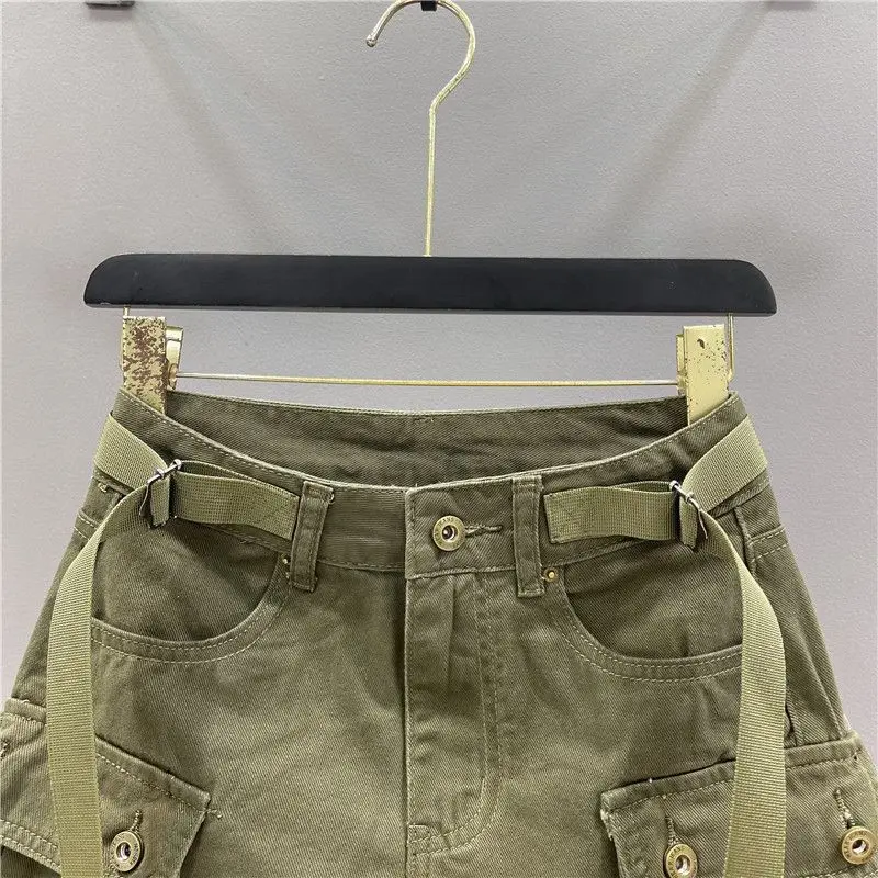 Zipper Fly Denim SKirts with Button Women's Denim Cargo Skirts with Pockets Sexy Mini A-line Jean Skirts Female Streetwear
