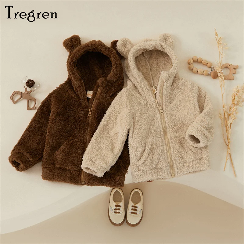 Tregren Toddler Boys Girls Winter Plush Coat Kids Long Sleeve Zipper Closure Cartoon Hooded Jackets Fall Children Clothes