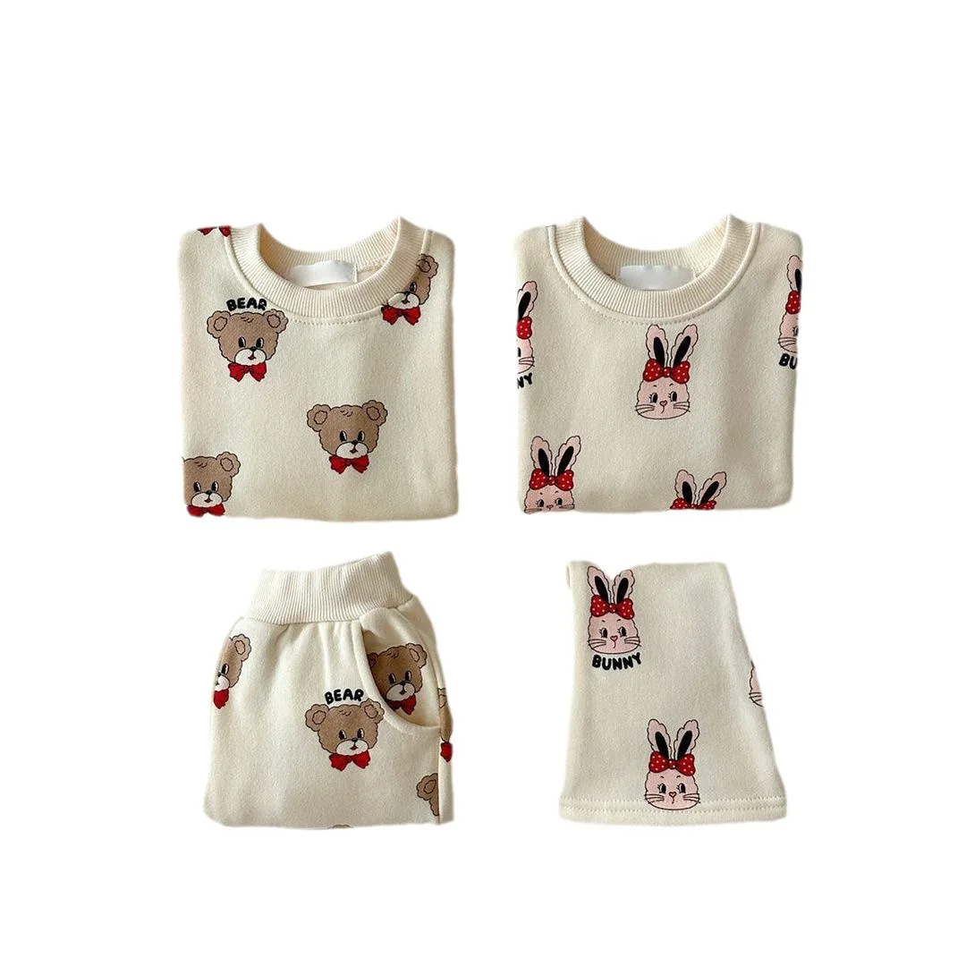 2024 Autumn New Children Long Sleeve Sweatshirt Set Boys Girls Cute Bear Rabbit Print Tops + Pants 2pcs Suit Kids Casual Outfits