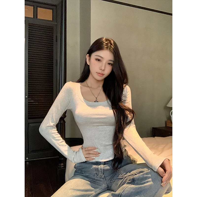 Afslanken ort Sve U-Ne T-shirt vrouwen Faion Herfst Nieuwe Sle Hoge Taille Ontwerp Lange Sve Base irt strakke Fit Top