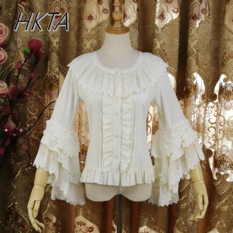 Original Lolita Girls Shirt Autumn New Flower Wedding Horn Long-sleeve Top Lace Chiffon Round Neck White Blouse Camisa Women