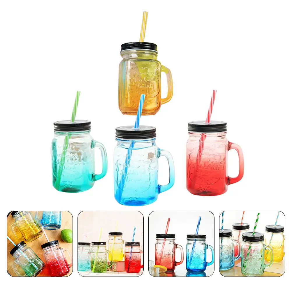 

Набор из 4 стеклянных стаканов с трубочкой: креативные стаканы для ежедневного использования, изысканные гладкие стаканы для воды, портативные летние стаканы для напитков