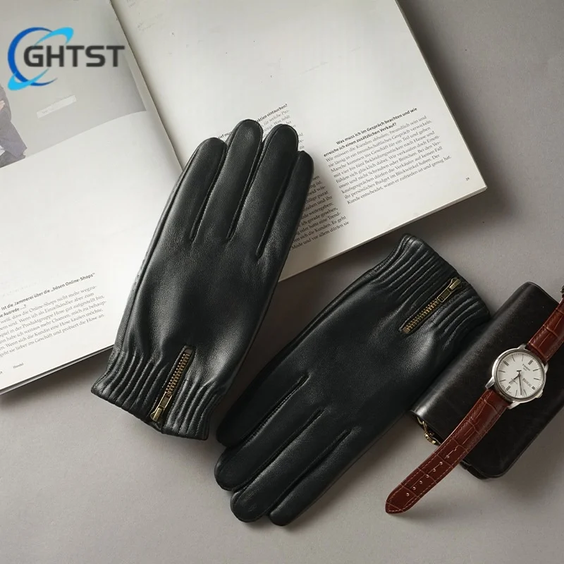 Fashion New Winter Real Leather Gloves Men Brown Genuine Goatskin Touch Screen Glove Warm Soft Driving