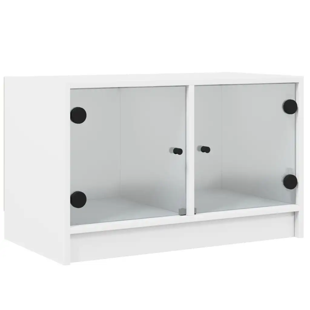 vidaXL Meuble TV avec portes en verre blanc 68x37x42 cm – design élégant et classique, grand espace de rangement pour magazines/DVD, fabrication en bois d'ingénierie résistant à l'humidité et facile à nettoyer
