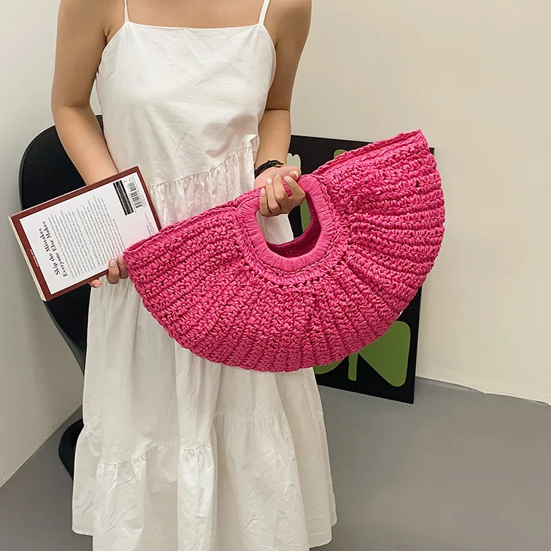 Moon Bag Beach Vacation Grass Bag Vine Weaving Handbag Womens Bag Summer Woven Straw Bag Large Capacity Shoulder Shopper Totes