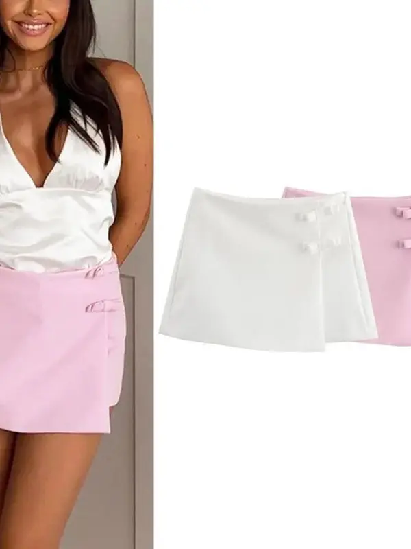 กระโปรงทรงเอไลน์สีพื้นแต่งโบว์หวานๆ เอวกลาง สำหรับสาวๆ ตัวเล็กอายุไม่เกิน 30 ปี