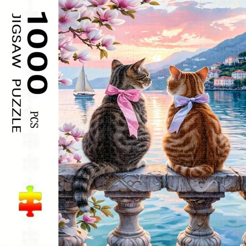 Adult Jigsaw Puzzle 500/1000 Pieces Puzzle Two Cats Sunset Lake Paper Puzzle Decorative Painting Exercise Brain Thinking