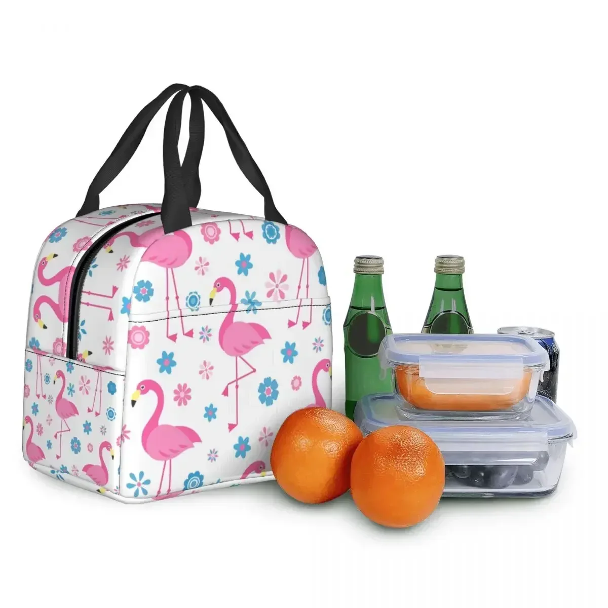 Seamless Pattern With Flamingo Insulated Lunch Bag for Work  and flowers Leakproof Food Thermal Cooler Lunch Box Women