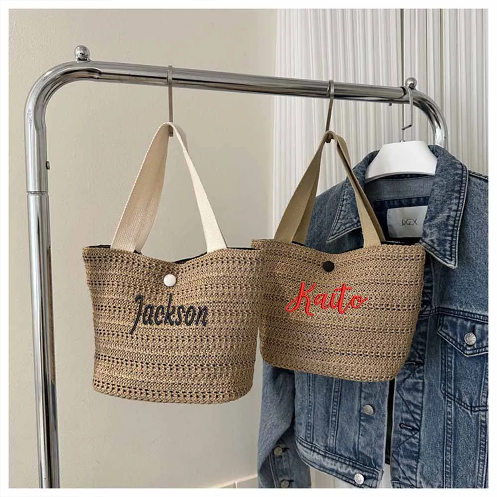 New Custom Name Women's Vacation Straw Woven Bag Personalized Retro Straw Tote Bag Girls Seaside Vacation Handbag with Names