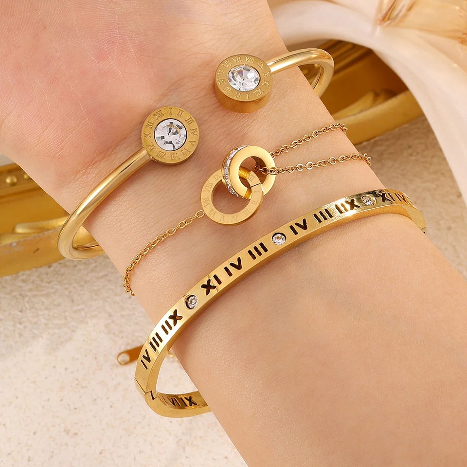 Women Stainless Steel Roman Numeral Open Bangle Double Ring Chain Bracelet Cubic Zirconia Waterproof Stackable Wrist Jewelry