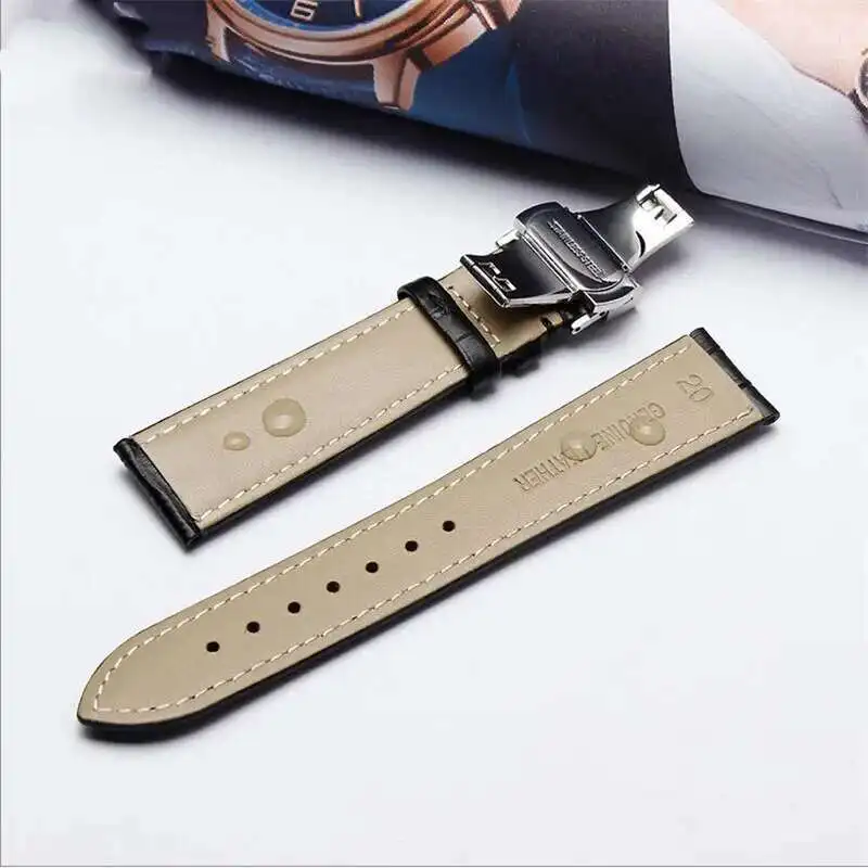 Multi Sized Durable Blue Genuine Cow Leather Watchband Brown Black Calfskin Strap Deployment Clasp Fit For Men And Women's Watch