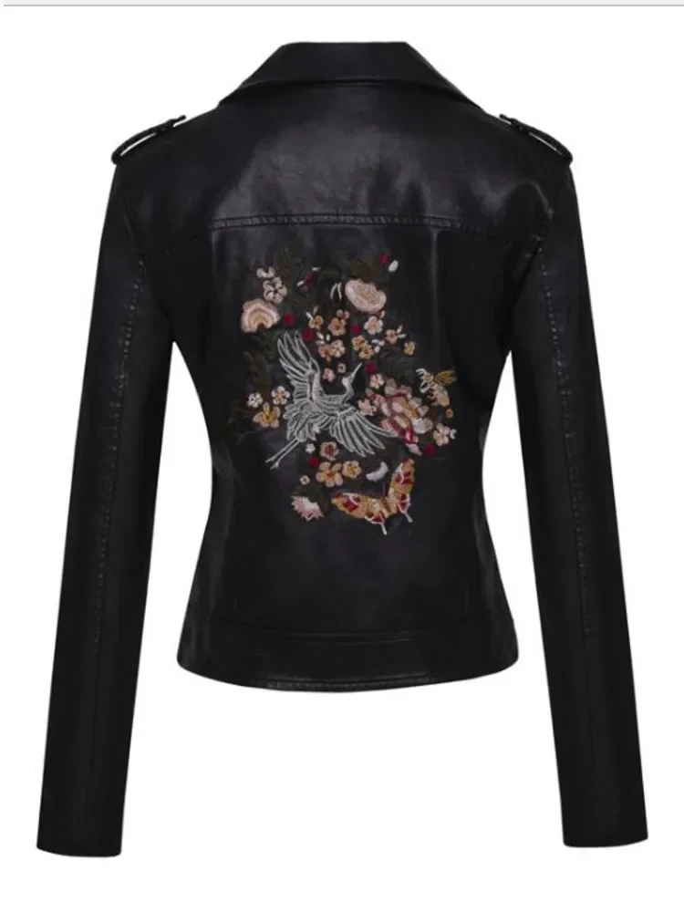 QNPQYX Women Patchwork Leather Jackets Flower Embroidery Rivets Short Section Pu Leather Small Jackets Casual Motorcycle Coats