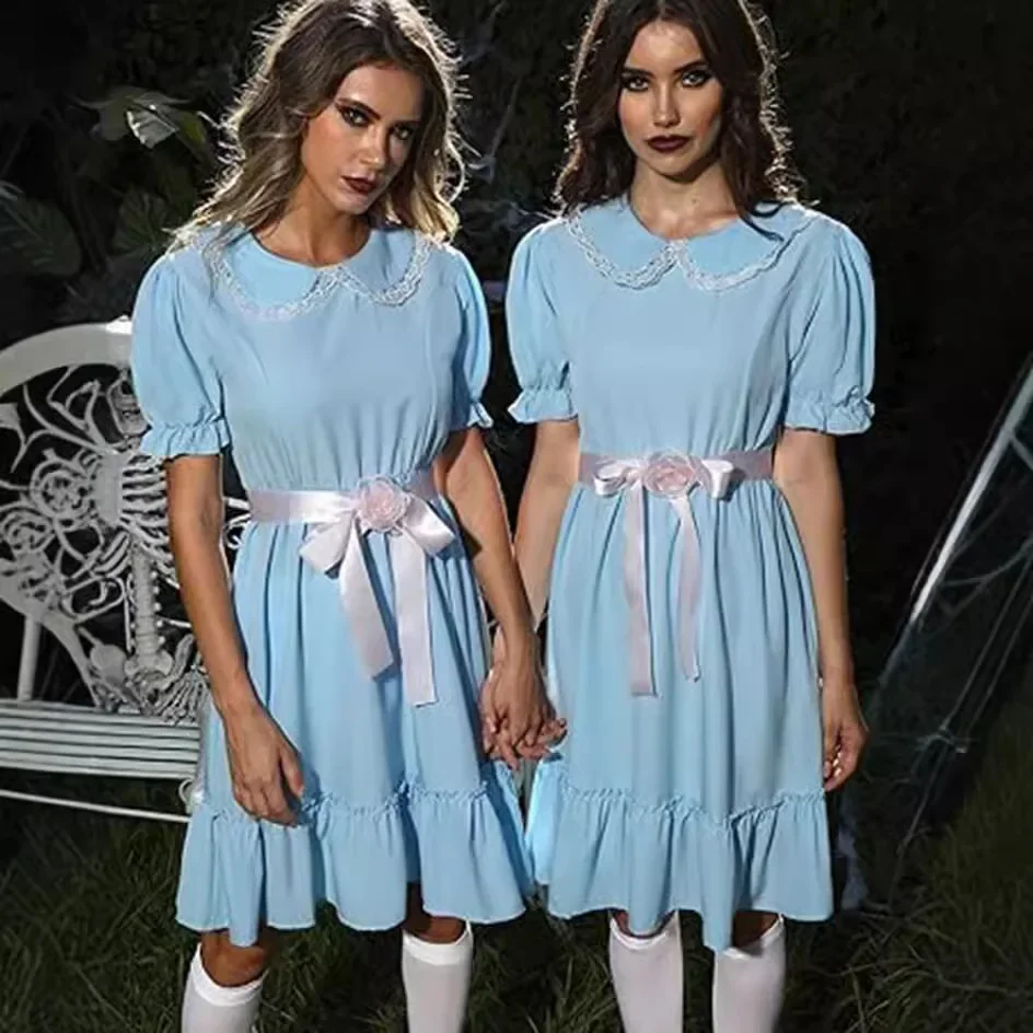 

Halloween cosplay The Shining Twins 2024 European and American polka dot splicing dress women's lace edge bag