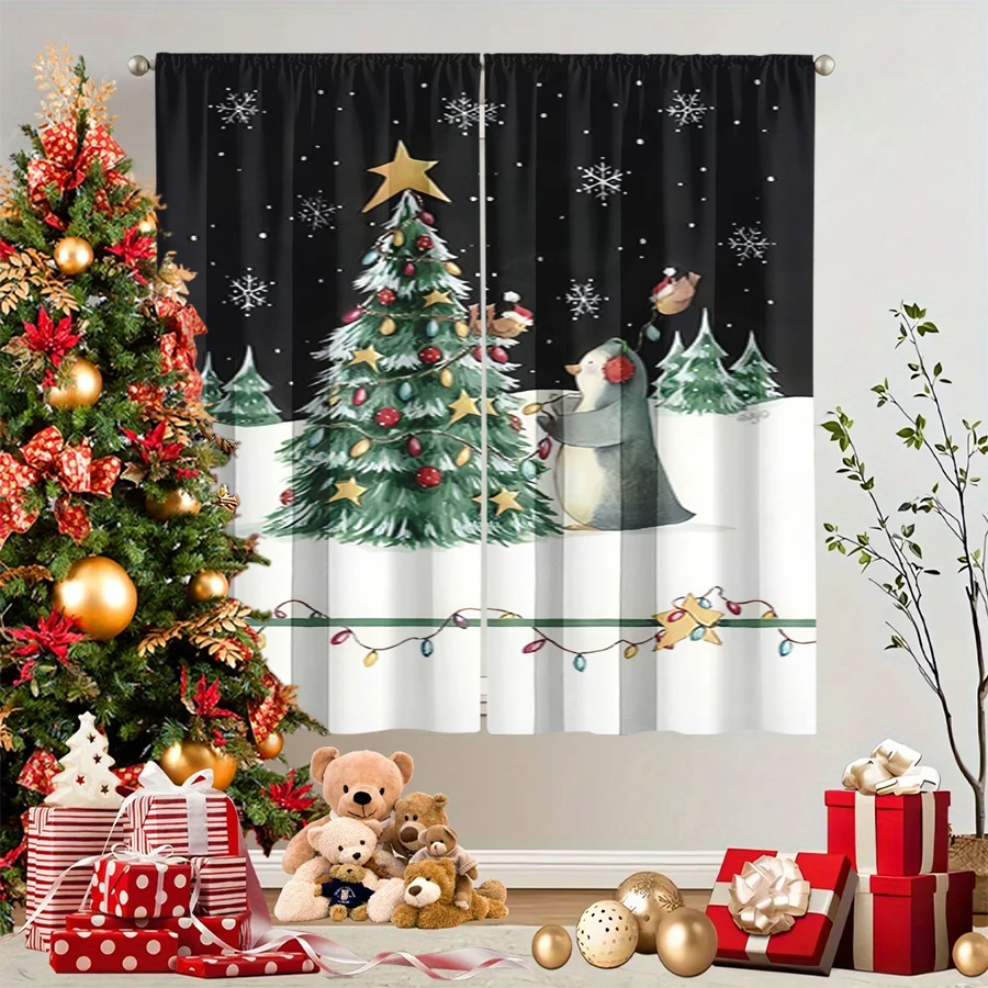 2PCS Christmas Winter Curtains, Penguin Decorating Tree Bird Snow Black, Digital Print, Bedroom Living Room, Home Decor