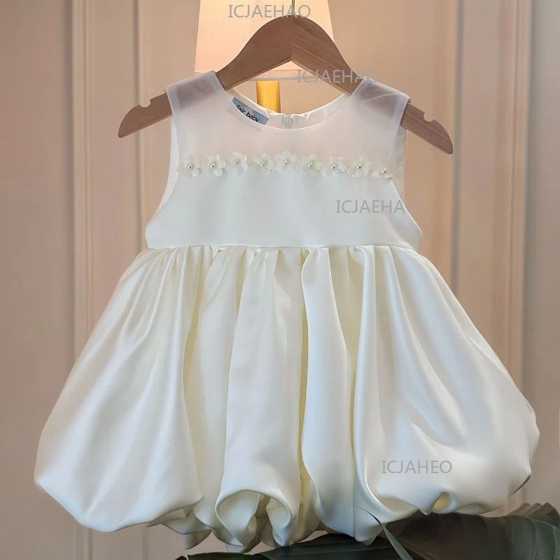 Baby Girl First Birthday Ivory Gown Kids Flower Girl Wedding Princess Dress White Satin Floral Simple Fashion Pageant Costume