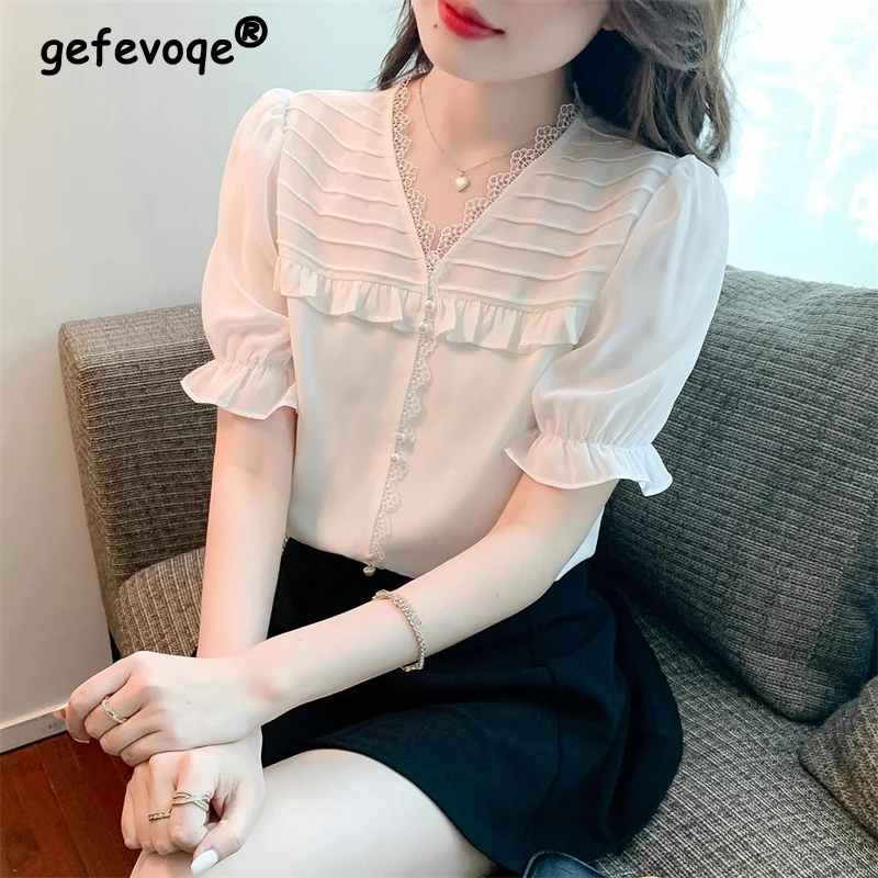 

Women's Clothing 2024 Summer Fashion Ruffle Lace Patchwork Blouse Elegant Sweet Chic Shirt Casual Solid V Neck Short Sleeve Tops