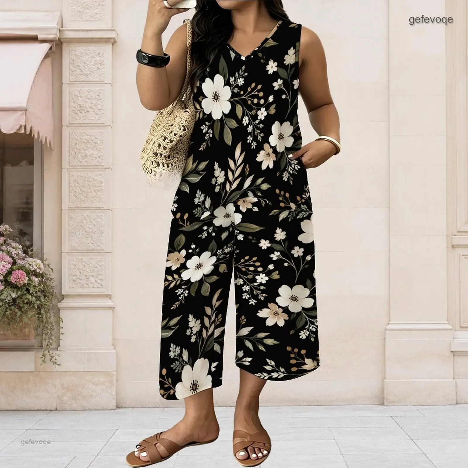 Women Sleeveless V Neck Black Floral Leaf Printed Two Piece Cropped Wide Leg Pants Set