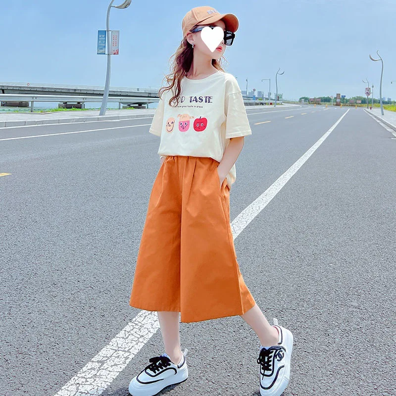 

Girls Summer Clothes Set 2023 New Baby Cartoon T-shirt + Wide-leg Pants 2pc Set Big Child Short-sleeved Suit Teenager Streetwear