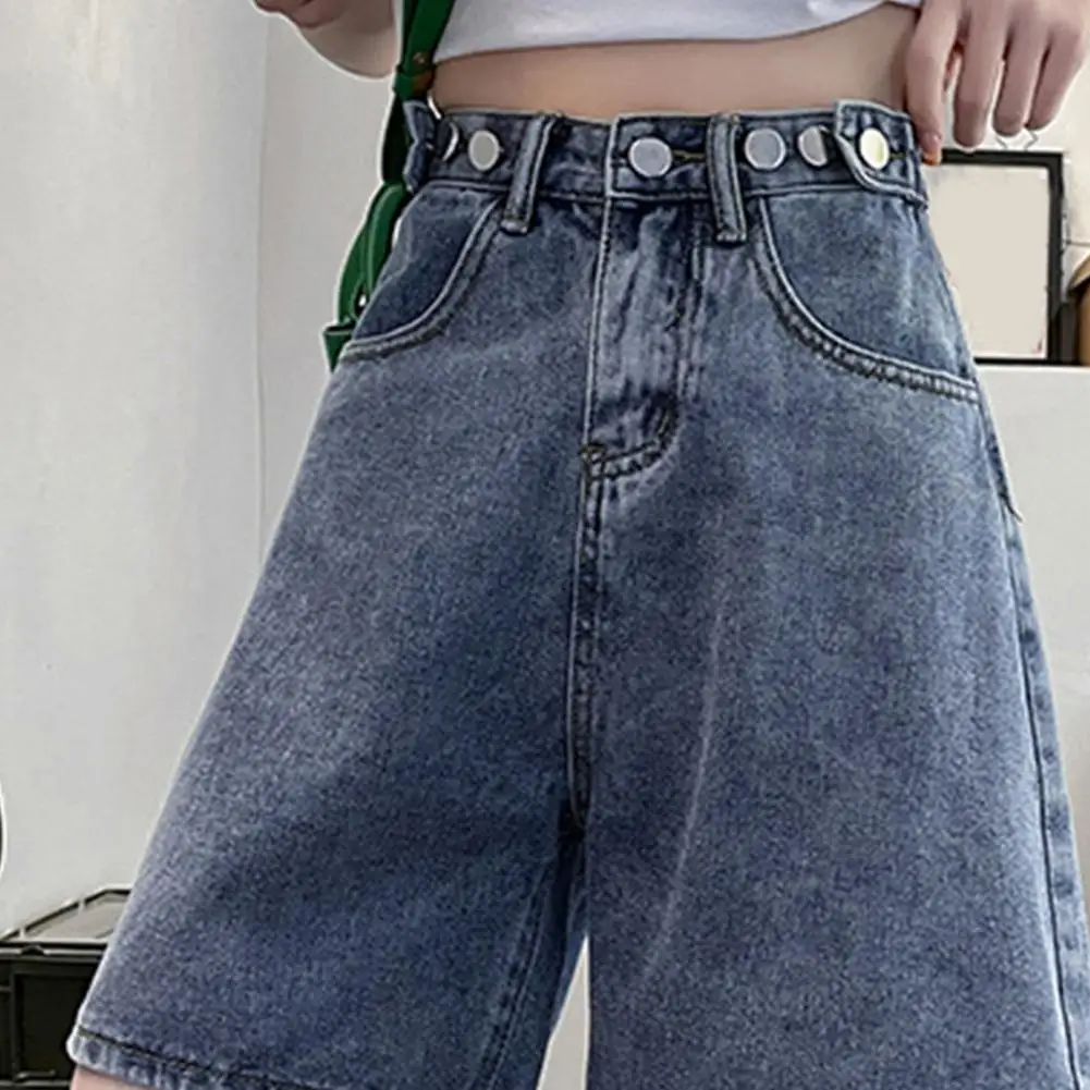 Summer Women Shorts Jeans A-line Adjustable Buttoned Waist Zipper Closure Lady Jeans Vintage Loose Denim Shorts With Pockets