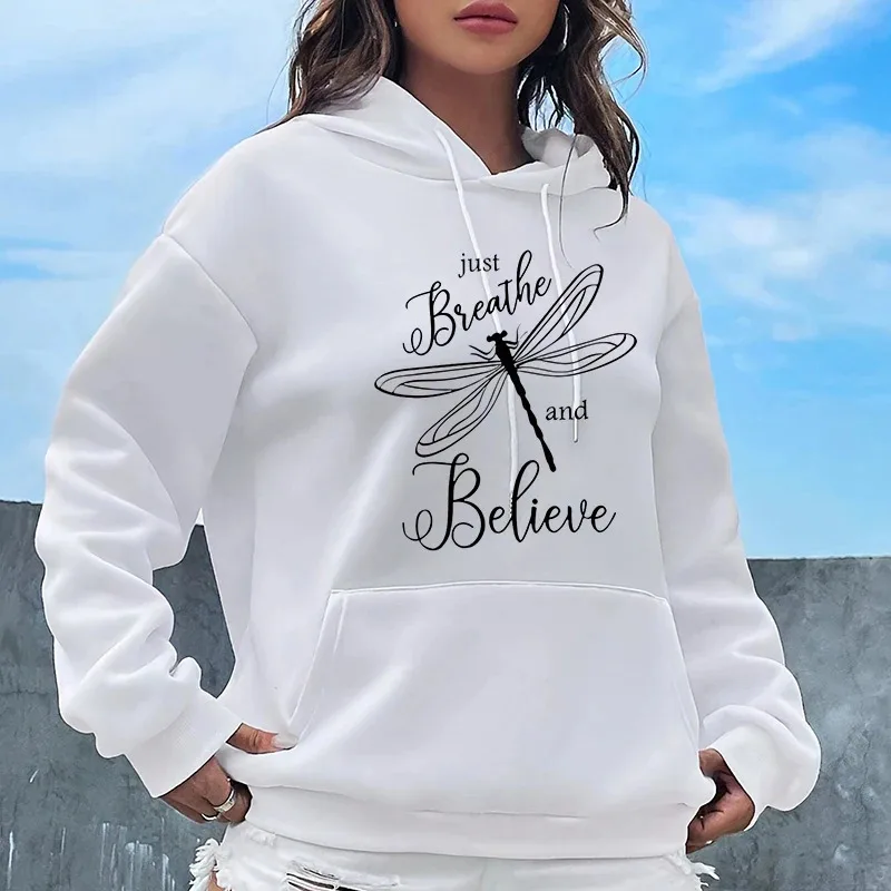 Lässige Damen-Sweatshirts mit Libellen-Motiv, Gothic Y2k-Kapuzenpullover, Just Breathe Believ Design, grafische Hoodies, Streetwear-Kleidung