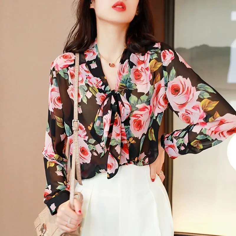 Women Trendy Vintage Floral Print Bow Lace Up Shirts French Style Elegant Chic Blouse Spring Autumn Long Sleeve Tops Loose Blusa