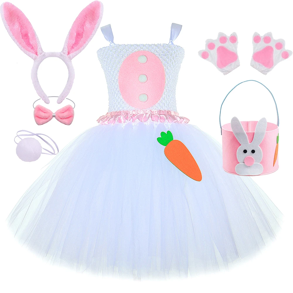White Rabbit Bunny Tutu Dress Costume Girls Easter Birthday Party Tulle Princess Dress Kids Halloween Animal Dress Up Clothes