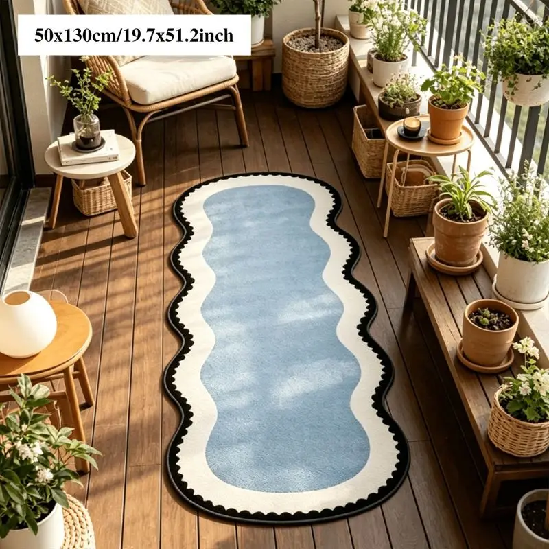 VIKAMA Wavy Blue Runner Rug Long Irregular Shape Non Slip Soft Flannel Floor Mat for Bedroom Bedside Kitchen Hallway Minimalist