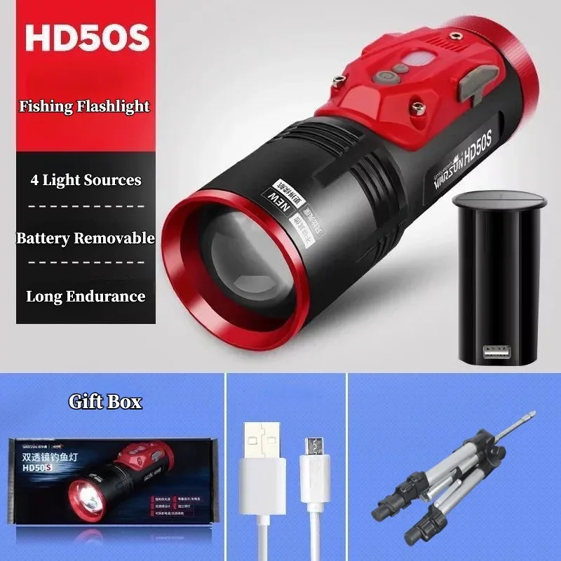 4 Light Source Fishing Light USB Rechargeable Zoomable Outdoor Strong Flashlight Night Fishing Bright Light with Bracket