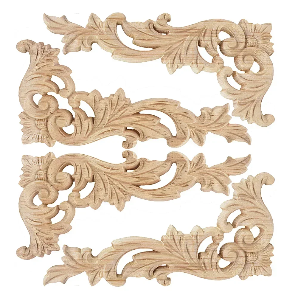 4PCS European Woodcarving Decal Corner Applique Frame Wall Door Home Furniture Decorative Figurines Wooden Miniatures 15/28/30cm