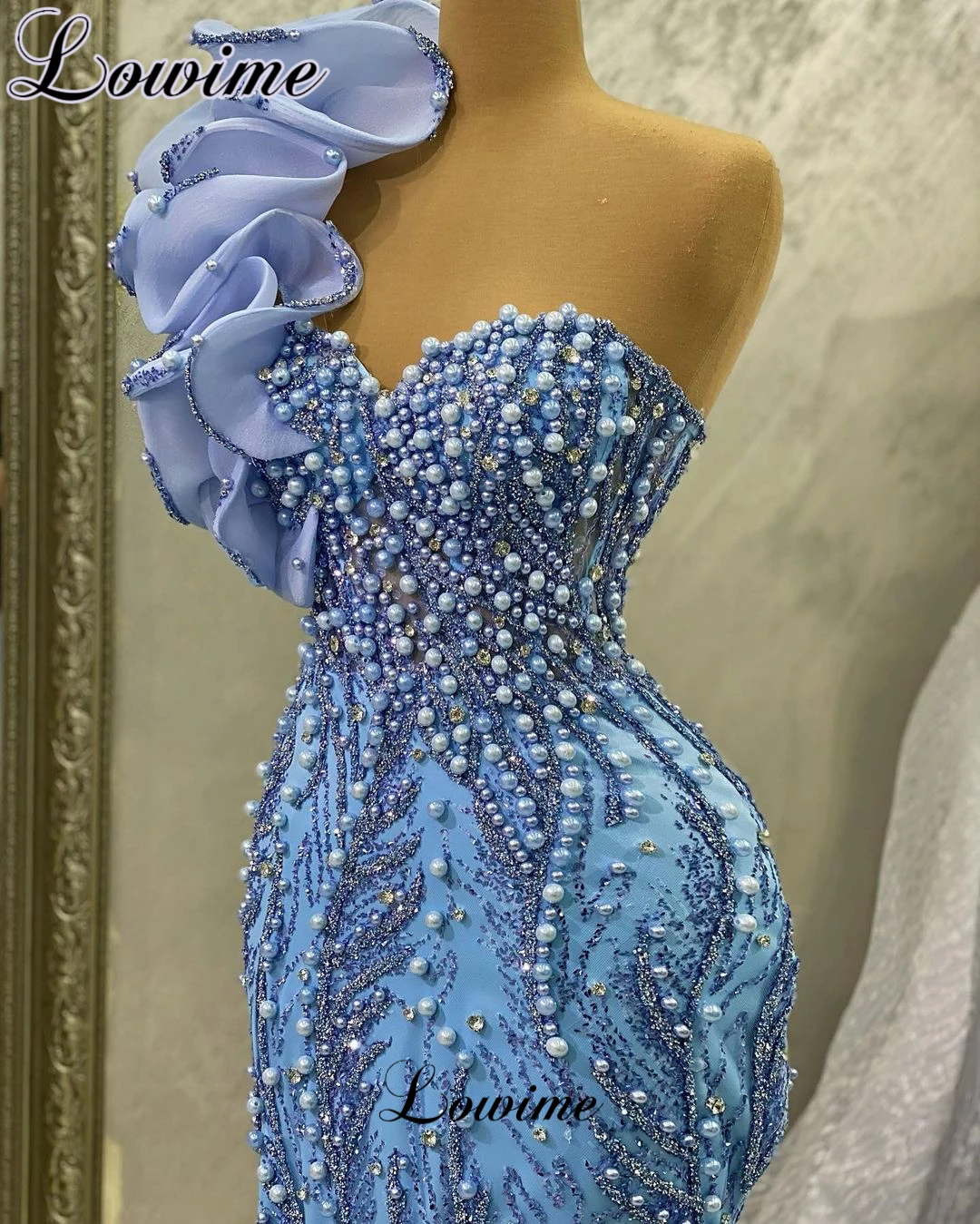 Pearls Blue Celebrity Dresses 2023 Mermaid Sweetheart Prom Dresses Robes Du Soir Engagement Dresses For Women Evening Gowns