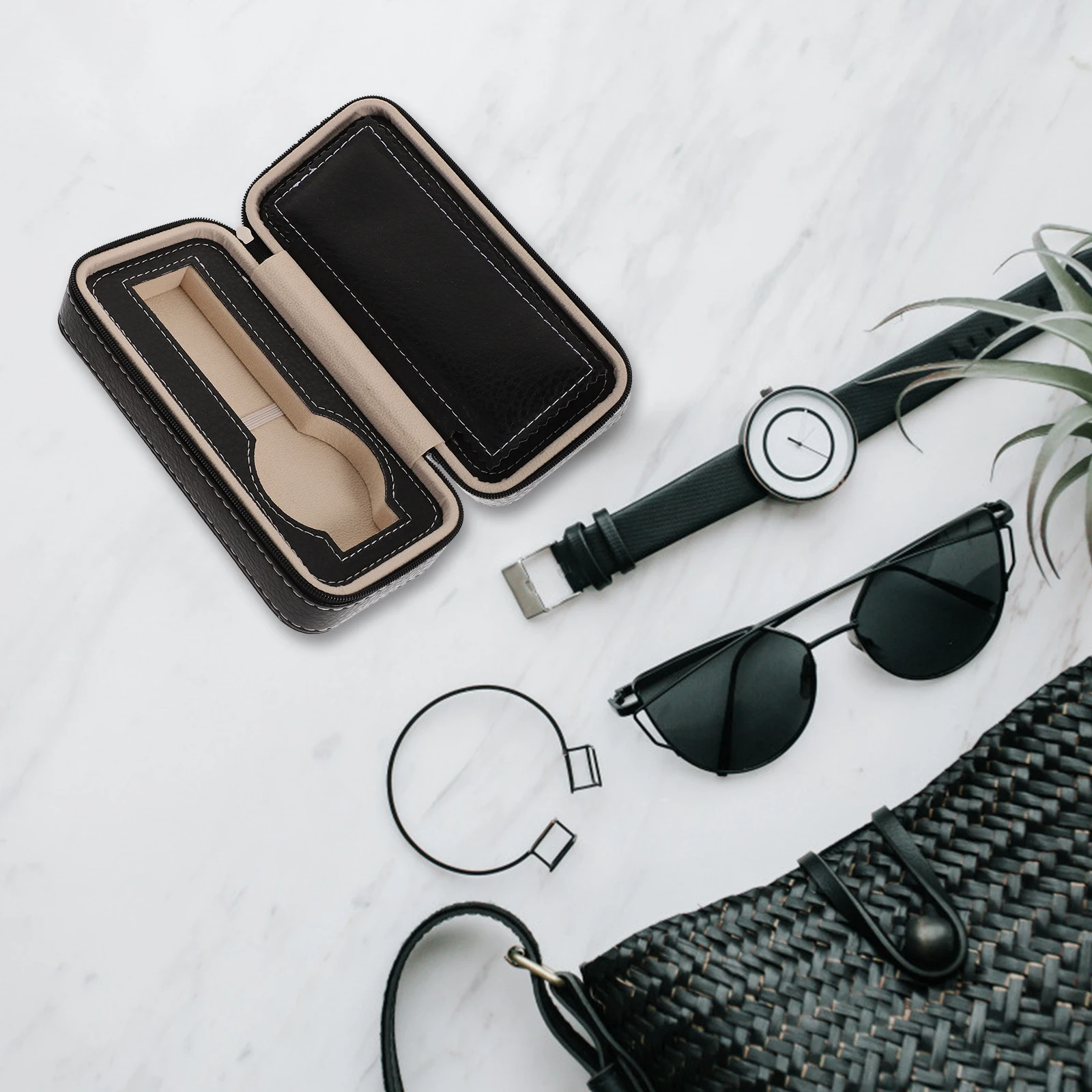 

Black Case Faux 17.5X8.5X5.6Cm Travel Storage Organizer For 2 Watches Padded Portable Watch Organizer