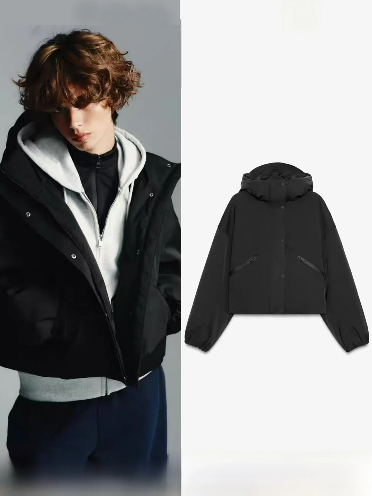 

Black High-Waist Versatile Loose Fit Jacket Hooded Stand Collar Windproof Waterproof New Autumn Women's Outerwear 4391812