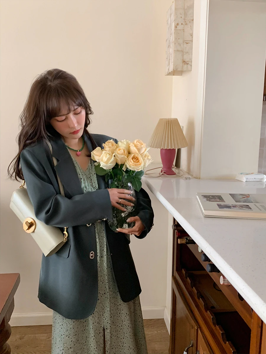 

Spring een Women's Suit Jaet Small Size Trendy Top Buttoned Long Sve Straight Cut Commute Sle Pure Color YUM STAR