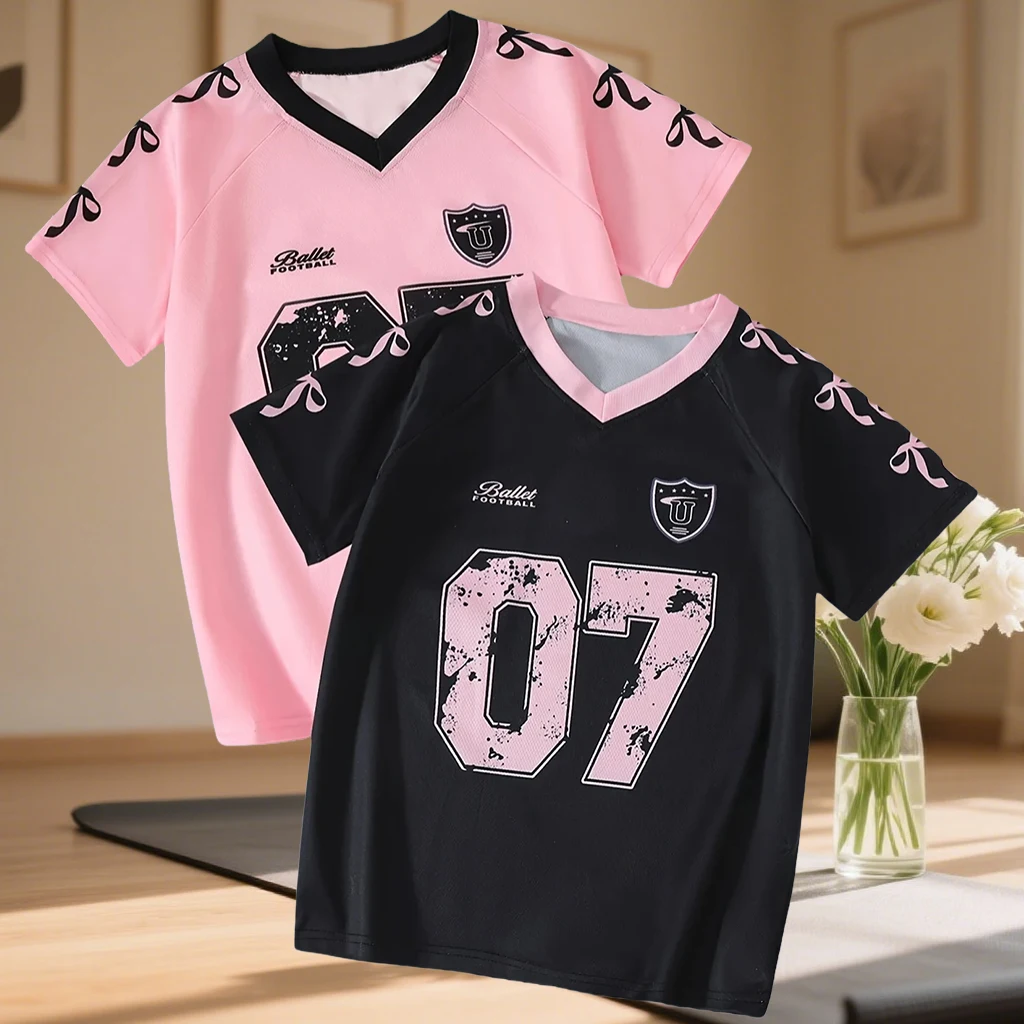 

Новая уличная модная футболка с v-образным вырезом и короткими рукавами для девочек, свободный повседневный топ большого размера, дышащая удобная футболка с короткими рукавами