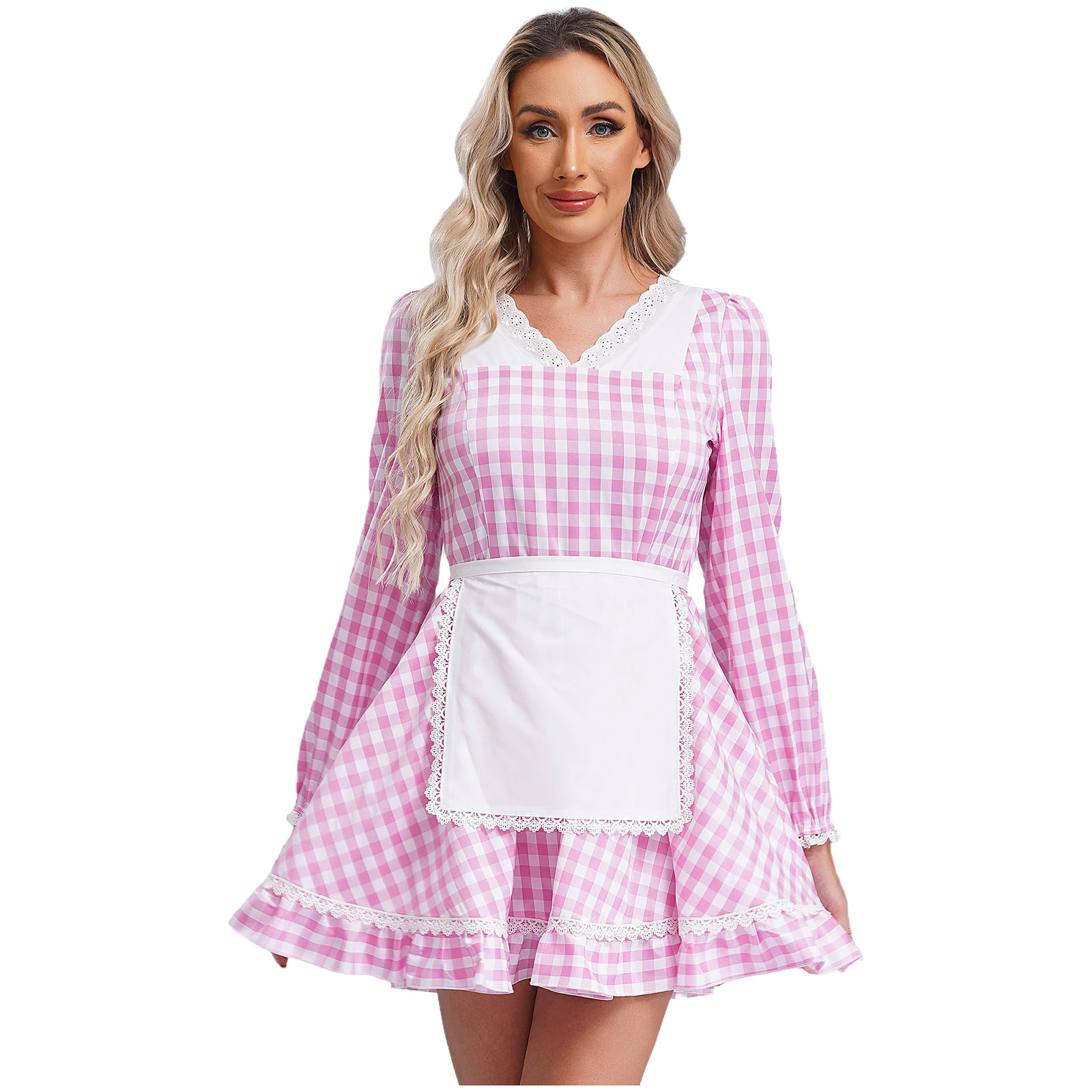 Womens Maid Margot Robbie Cooking Apron Dress Clothing Long Sleeve Lace Trim Gingham Minj Dress with Apron Role Play Costume