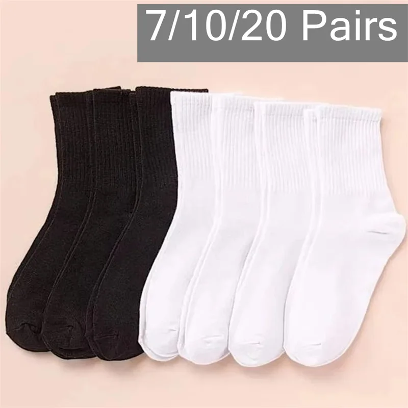 7/10/20 Pair Mid Length Socks men Women Classic Black White Solid Color Fashionable Casual Sports Absorbing Breathable Men Socks