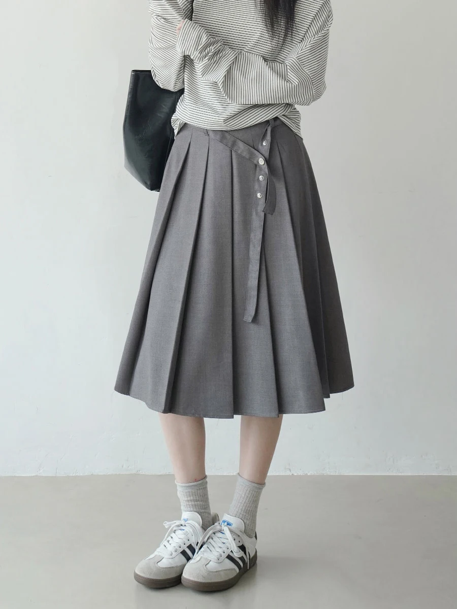 

Весенне-летняя серая плиссированная юбка миди с высокой талией, женская юбка А-силуэта в школьном стиле, полудлинная юбка с поясом и пуговицами