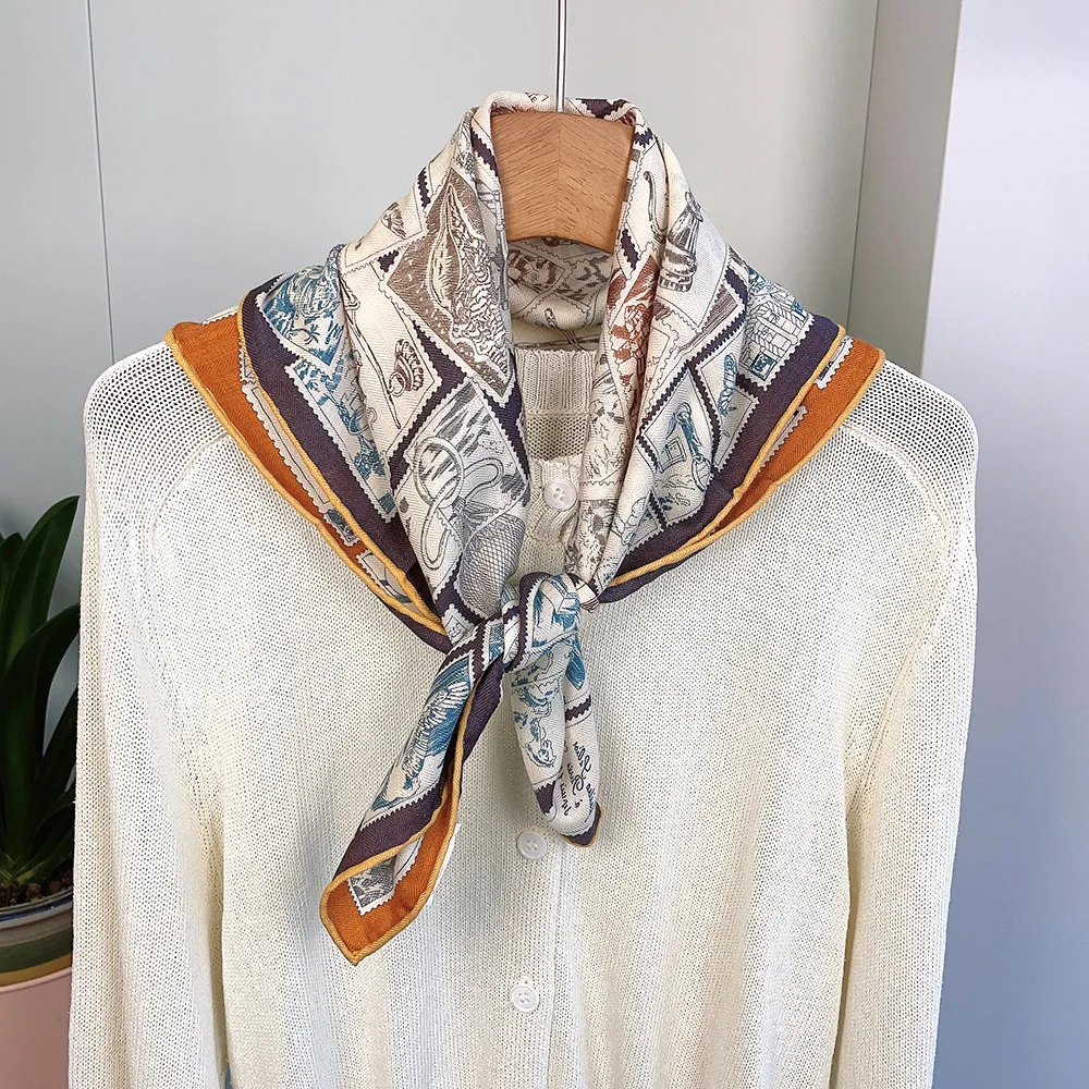 

Ethnic 70% Wool 30% Real Silk Scarf for Women Vintage Stamp Print Square Scarf Winter Neck Warmer Woman Accessory