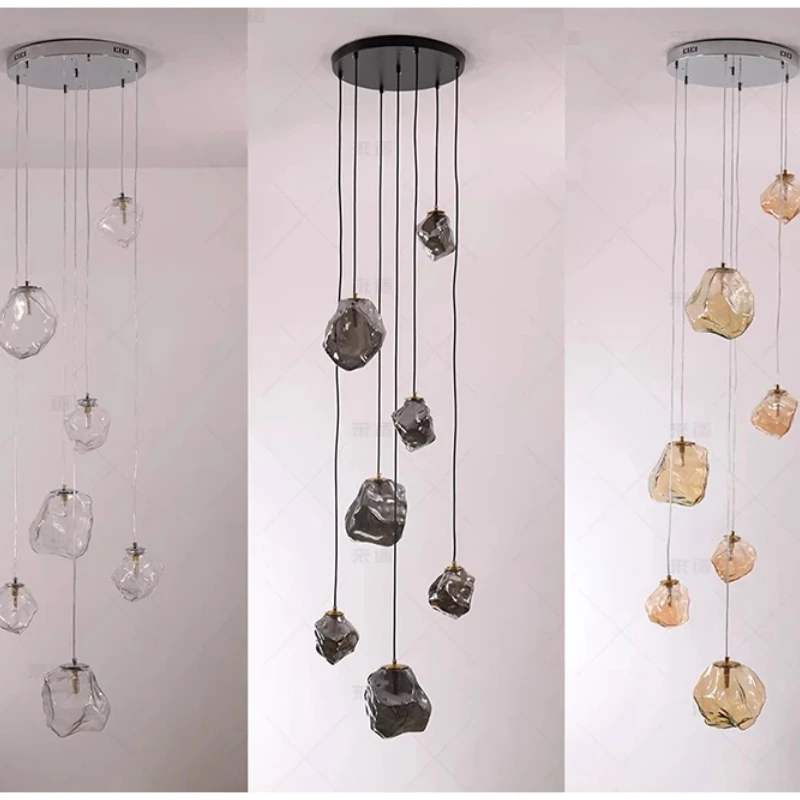 

Postmodern Tawny/Transparent/Smoke gray Rock Glass LED chandelier lustre Ceiling Metal disc for Duplex living room Dimmable