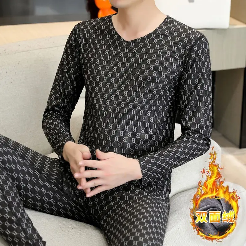 벨벳 무봉제 프린트 보온복 남성용 겨울 민소매 브이넥 조끼 양면 벨벳 이너웨어 보온 속옷